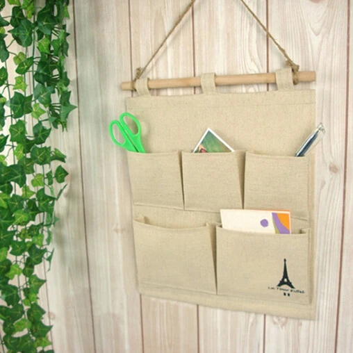 

HOT 5 Pocket Cotton Wall Hanging Bags Tower Print Storage Bag Multi-layer Letter Holders Desk Organizer Bags