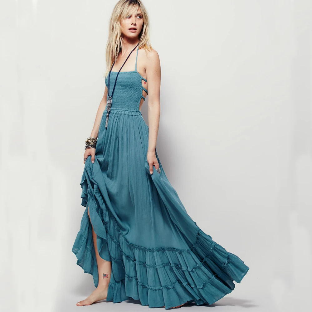 Бохо хиппи шикарное с открытой спиной гофрированное пляжное мексиканское платье