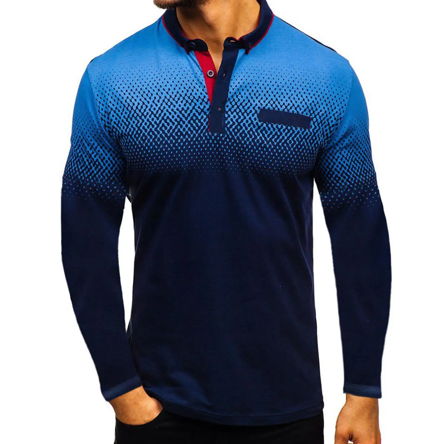 Мужская рубашка с длинным рукавом сине-белая в британском стиле градиентом