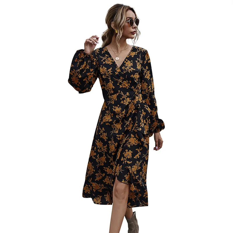

European and American Dress V-neck Bubble Long Sleeve High Waist Lace-up Ruffled Slim-Fit Slimming Dress