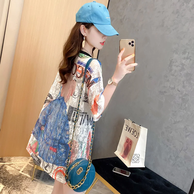 

#0788 Summer Cartoon Bear Printed Lace T Shirt Women Loose Korean Fashion O Neck Hollow Out Sexy Long T-shirt Female Streetwear