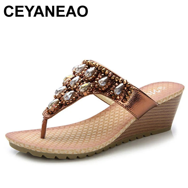 

CEYANEAO Woman Sandals Women Shoes Rhinestones Gladiator Wedge Sandals Crystal Chaussure Plus Size 42 Tenis Feminino Flip Flops