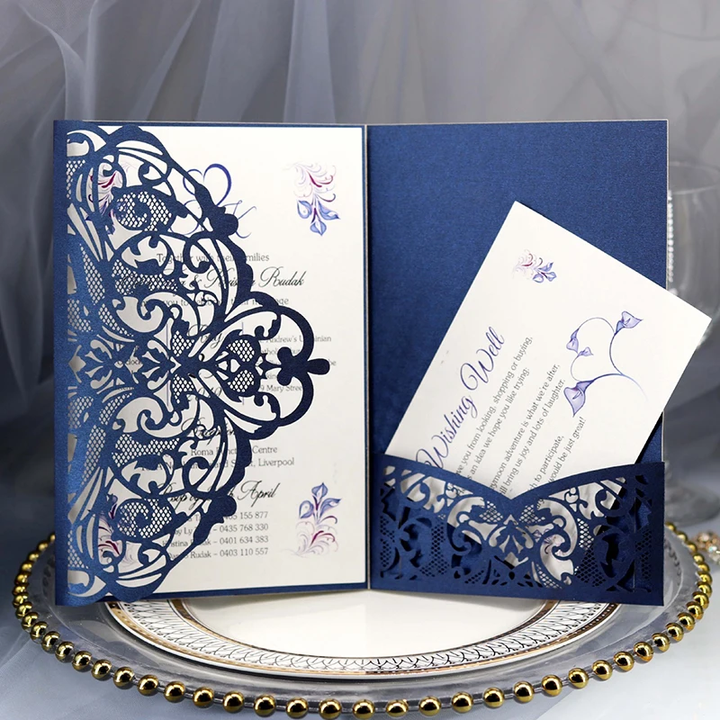 

1pcs Blue White Elegant Laser Cut Wedding Invitation Cards Greeting Card Customize Business With RSVP Cards Decor Party Supplies