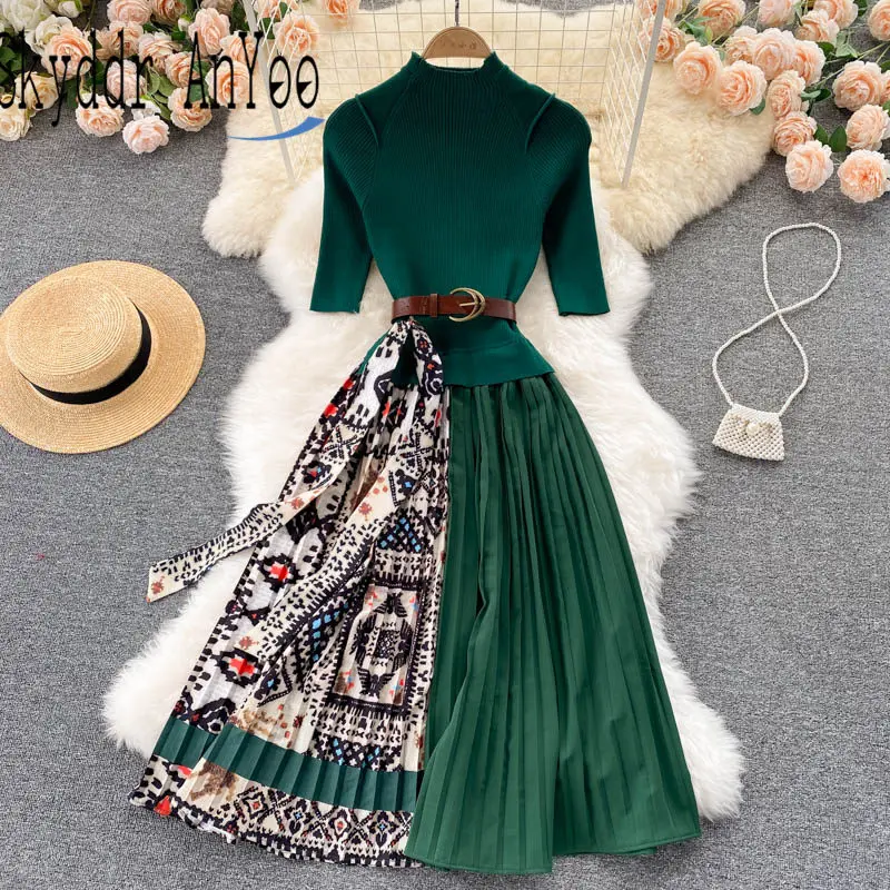 

Осенние вязаные платья для женщин 2021 имитация двух частей пэчворк Плиссированное женское платье миди с рукавом до локтя приталенное шикарн...