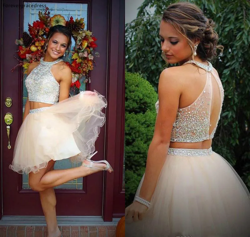 

Two Pieces Halter Short Prom Dress A-Line Beading Crystal Top Sweet 15 Graduation Cocktail Party Dress Plus Size Custom Made