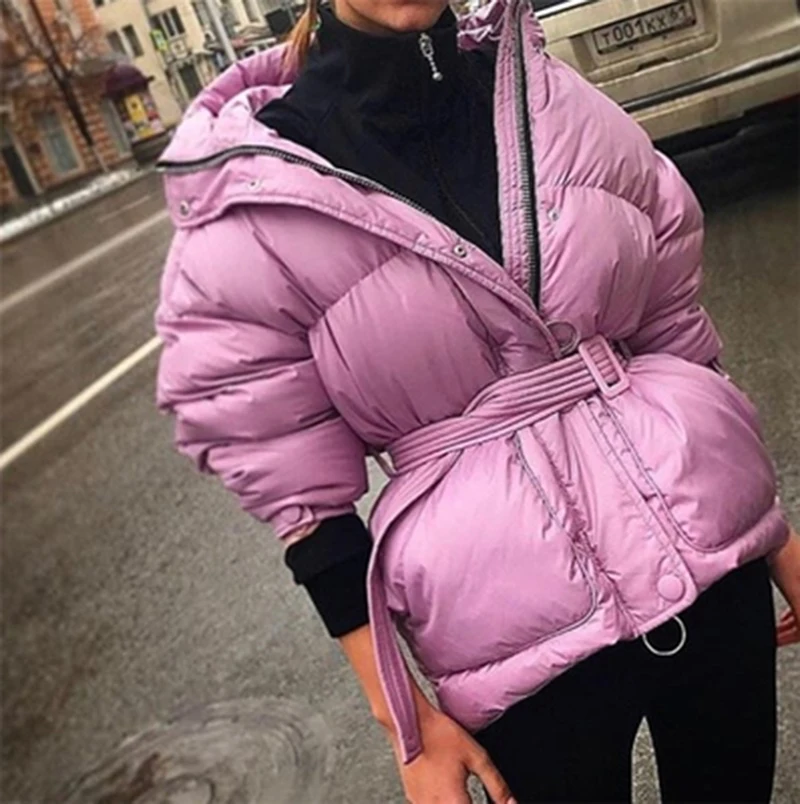 

2021 New Winter Women's Jacket High Quality Bright Colors Insulated Puffy Coat collar hooded Parka Loose Cut With Belt