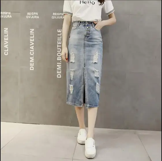 2019 New Spring Summer Autumn fashion women long denim skirt Vintage maxi skirts hole jeans pencil RQ360 | Женская одежда
