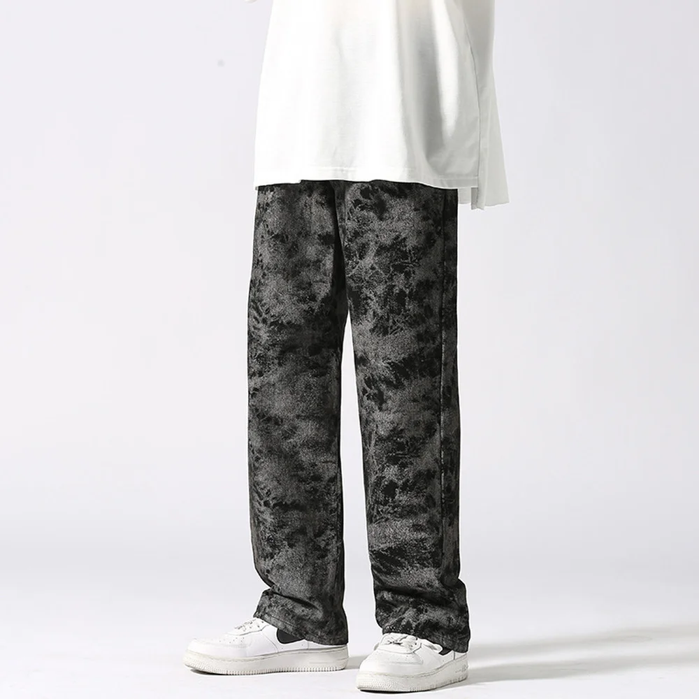 Men's Jeans Autumn Winter New Trend Hip-hop Trousers Streetwear Tie-dye Pants Loose Straight-leg Casual Wide-leg Denim Pants