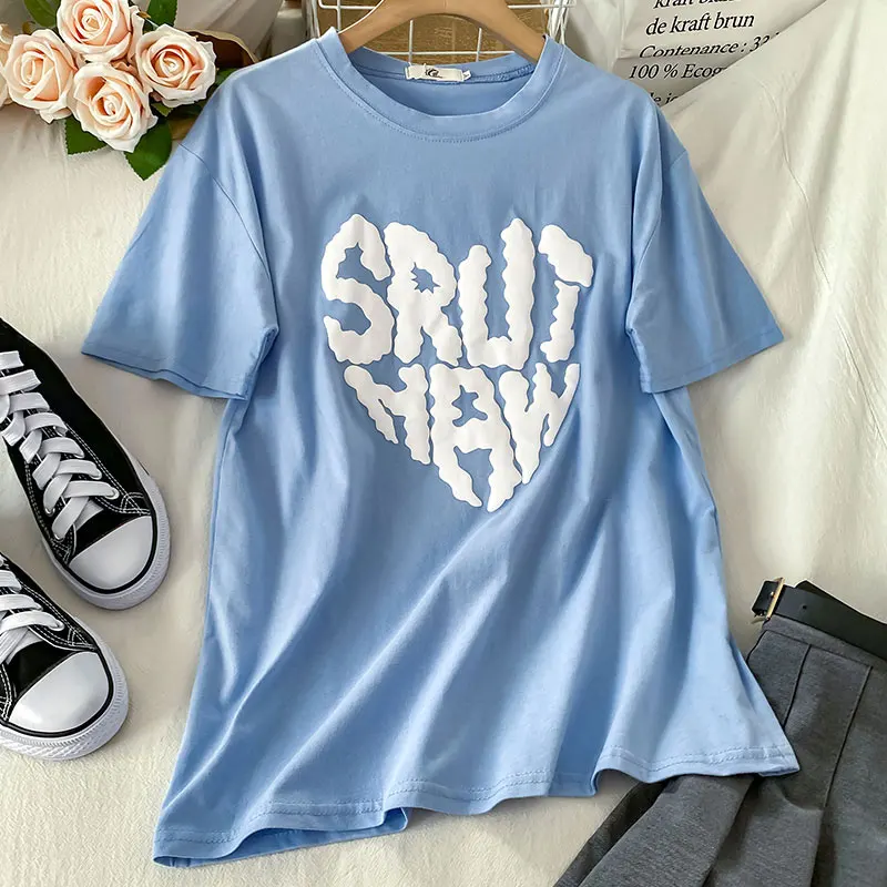 

2021 New Summer Tops Print Fashion Lady Casual Wear Blue T Shirt Letters Print Harajuku Bottom Cotton Tees Women Mujer Camiseta