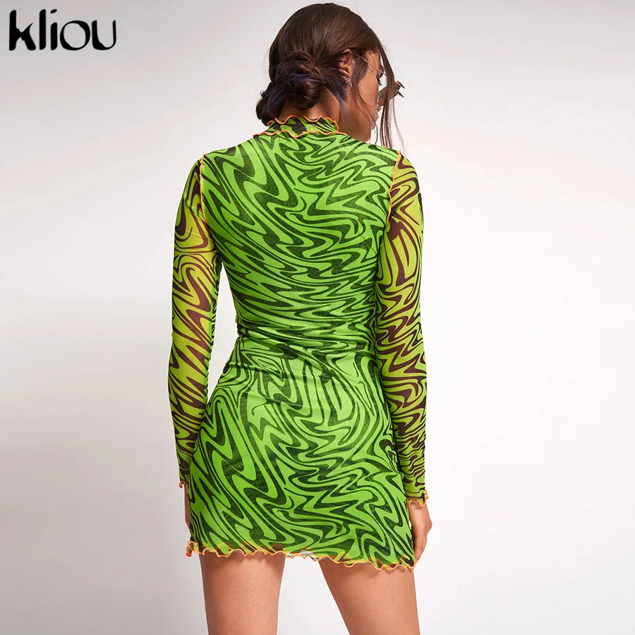 Kliou Fall Sexy Club Dresses women Fashion Print High Neck ruffles Long Sleeve Mini slim Bodycon Dress sexy mesh fabric
