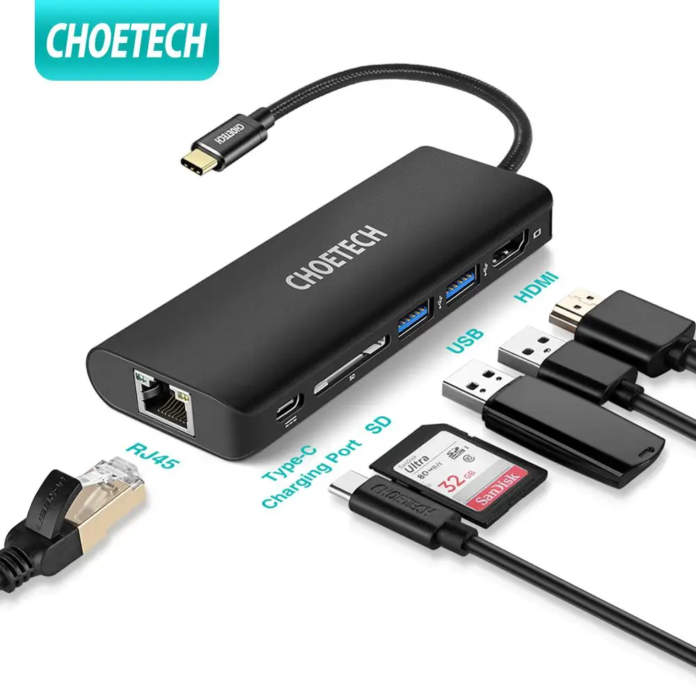 CHOETECH usb хаб C концентратор для нескольких USB 3 0 HDMI RJ45 адаптер SD ридер MacBook Pro type