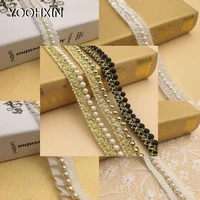 fashion 3d pearl gold embroidery lace fabric applique ribbon trim collar sewing diy guipure craft wedding christmas decor
