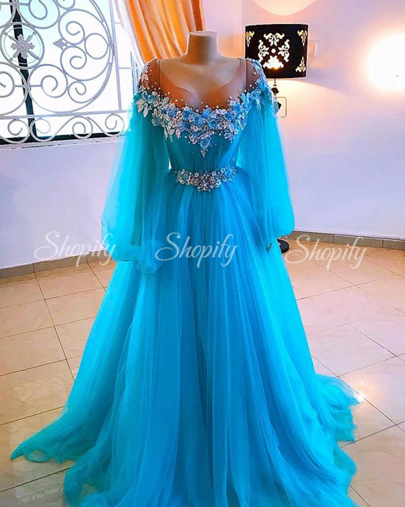 

Long Sleeve Women Evening Dresses 2020 Sheer Scalloped 3D Flowers Pearls African Ladies Blue Tulle Formal Evening Party Gowns