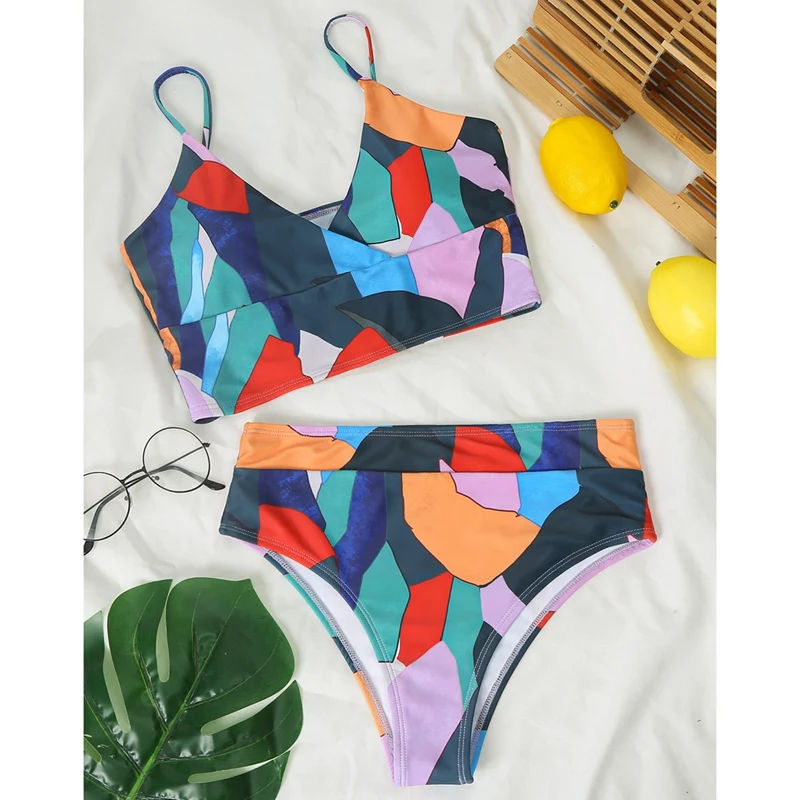 

Geometric Print Swimsuit Women Sexy V Neck Bikini Retro Push Up Swimwear Women Bathers Swimsuit Bathing Suit