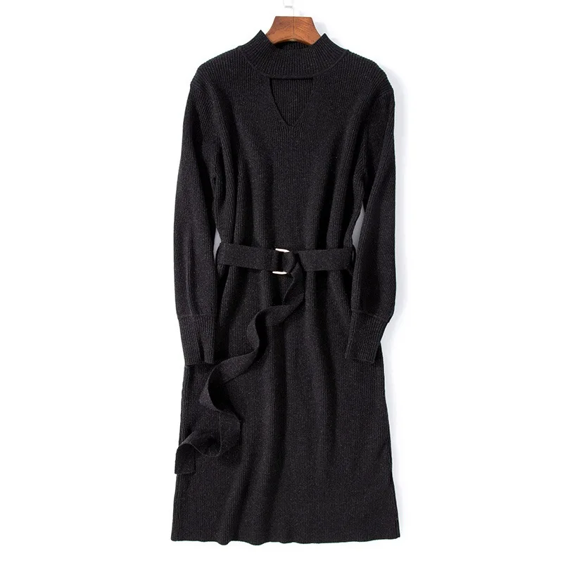 

New Elegant Fashion Women Autumn Winter Slim tunic waist high-neck long-sleeve mid-length thick knitted bottoming sweater dress