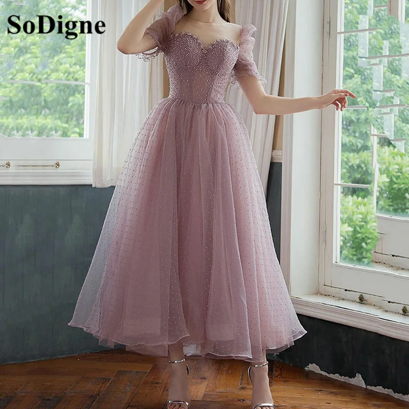 

SoDigne Modest Lavender Prom Dresses 2021 Glittter Beads Tea Length Homecoming Dress Gowns Cheap Wedding Party Dress