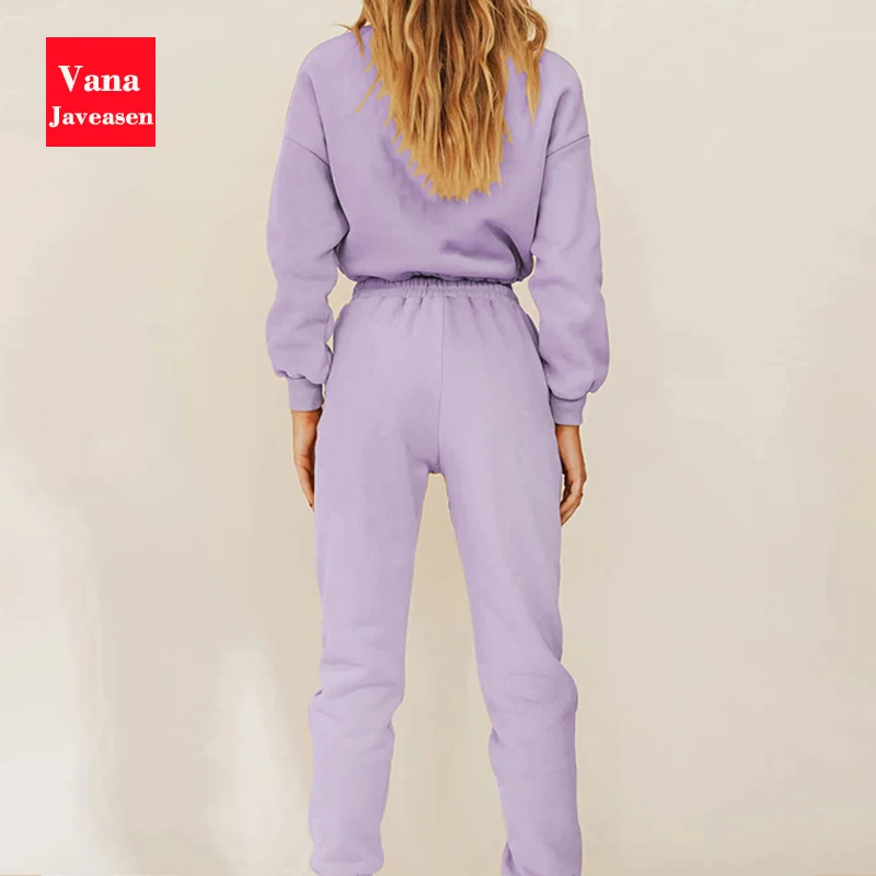 

Cotton Two-piece Tracksuit Women Long-sleeved Short Sweatshirt Bottom Drawstring Tops Women Elastic High Waist Pants 2PCS Autumn