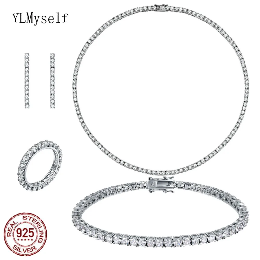 Solid 925 Sterling Silver Tennis Necklace(41-55CM,16-22") Bracelet(15-21CM) Earrings Ring (5-9) Set 3mm Zircon Jewelry 4pcs sets