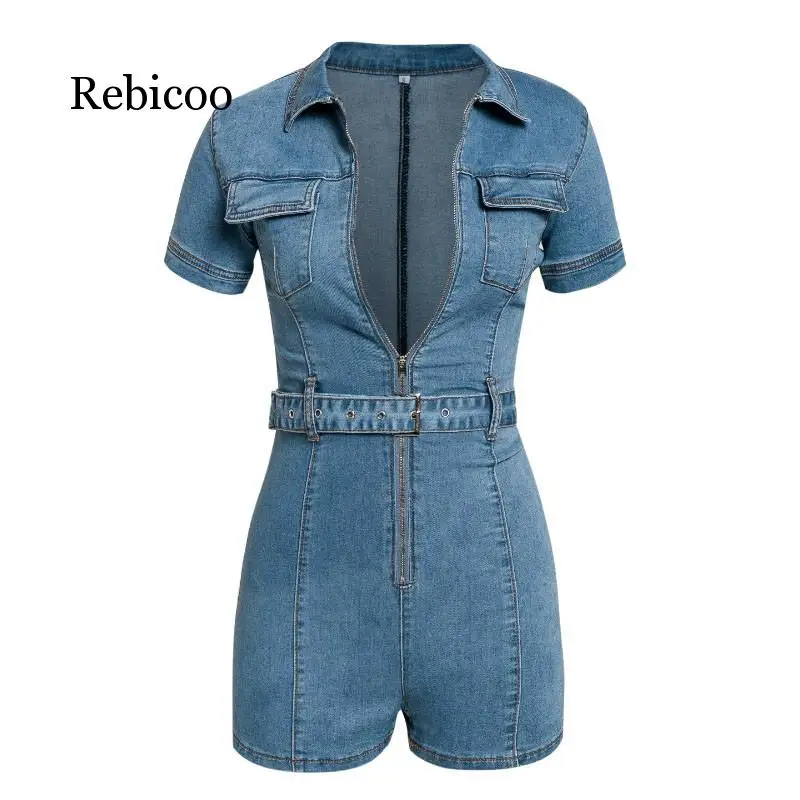 

Zipper sexy denim jumpsuit short female romper pocket summer jeans overalls casual fashion party club