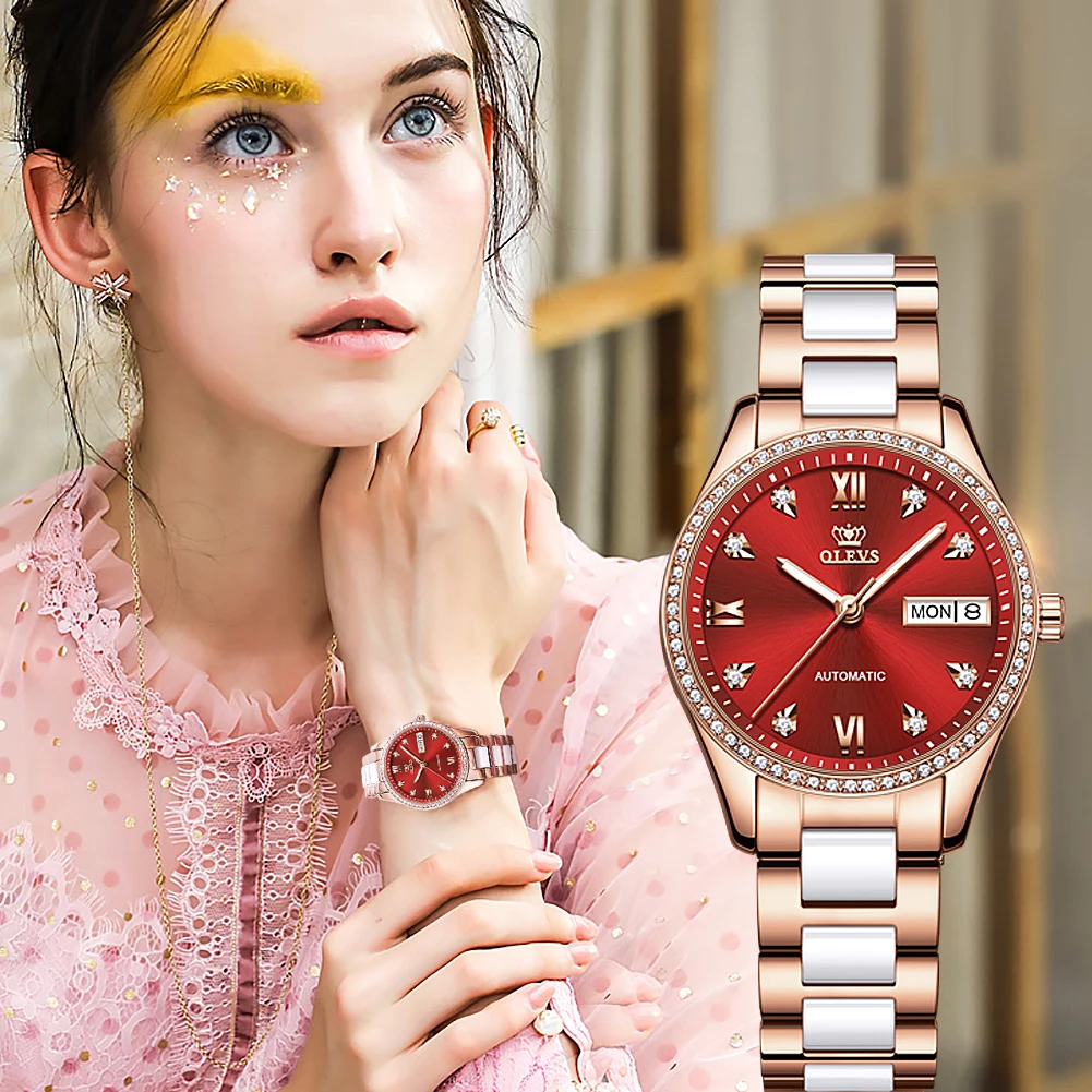 

OLEVS Automatic Watch for Women Bracelet Set ceramics Waterproof diamond Date Luxury Mechanical Wristwatch Gifts Montre femme