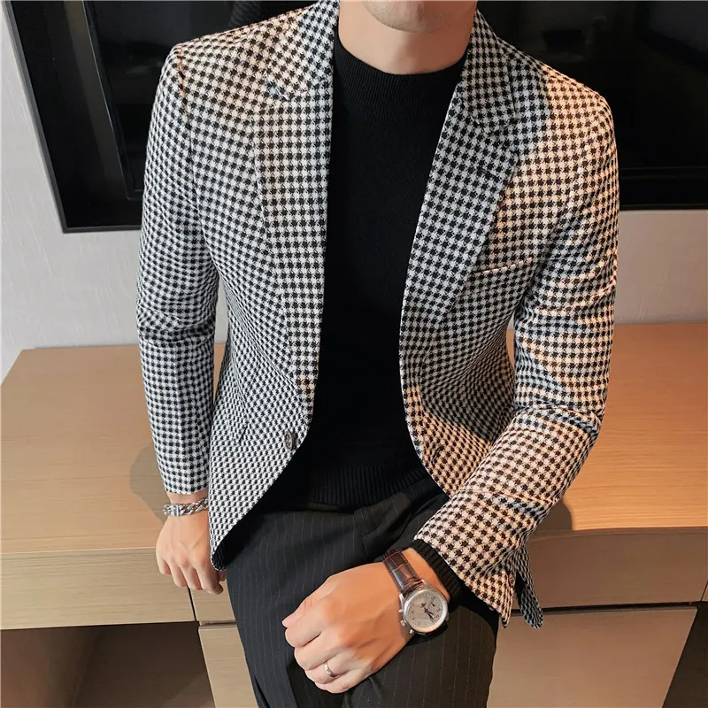 Houndstooth Men Blazers 2021 British Style Single Button Fashion Business Casual Suit Jacket Slim Wedding Groom Dress Tops Homme