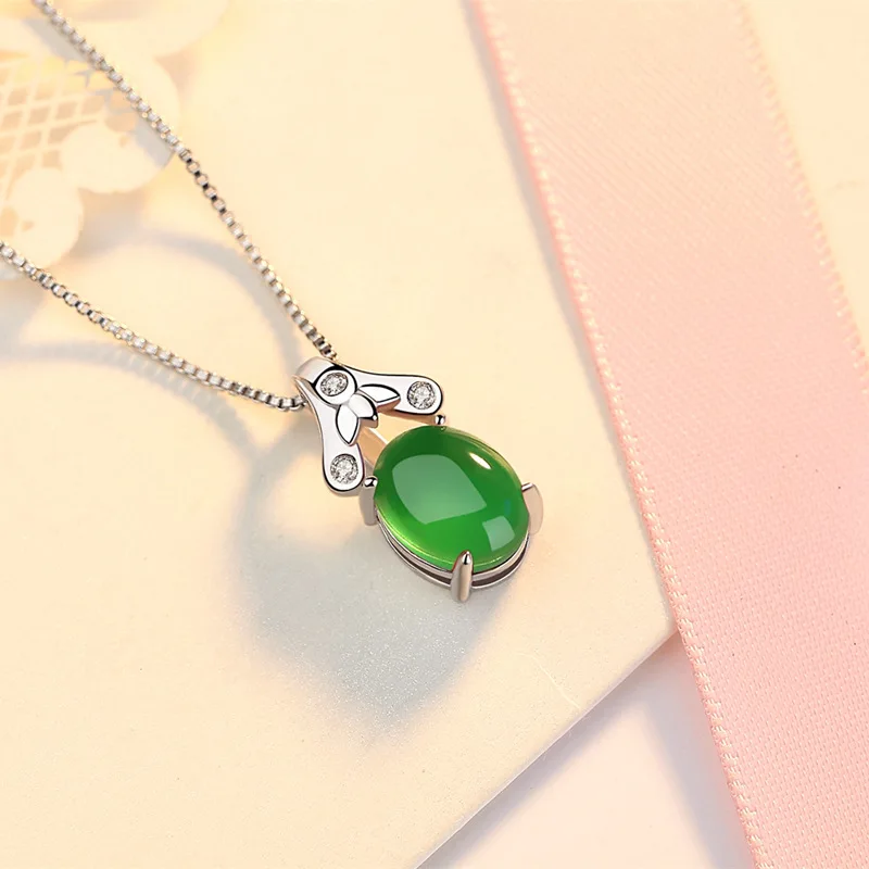 Natural Green Jade Chalcedony Round Pendant Agate 925 Silver Necklace Fashion Charm Jewelry Carved Amulet Gifts for Her Women | Украшения и