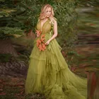 Пушистое Тюлевое платье оливково-зеленого цвета, женские длинные тюлевые платья с высоким разрезом на заказ для фотосессии, плявечерние Тюлевое платье для вечеринки в честь Дня Рождения