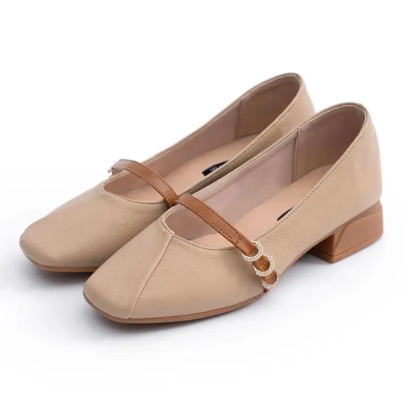 

Женские повседневные туфли на квадратном каблуке, коричневые туфли из искусственной кожи с круглым носком, без застежки, женские высокие ка...