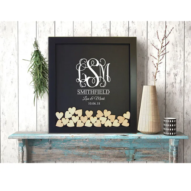 

customize rustic monogram Guestbook ideas alternative drop top box heart wooden wedding guest book frame couple gift shadow box