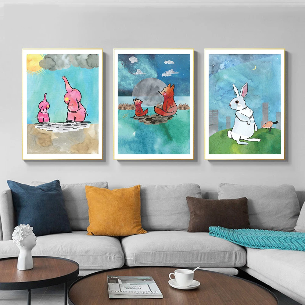 

Cartoon Watercolour Pink Elephant Rabbit Posters And Prints Canvas Painting Wall Art Picture For Living Room Kid's Bedroom Decor