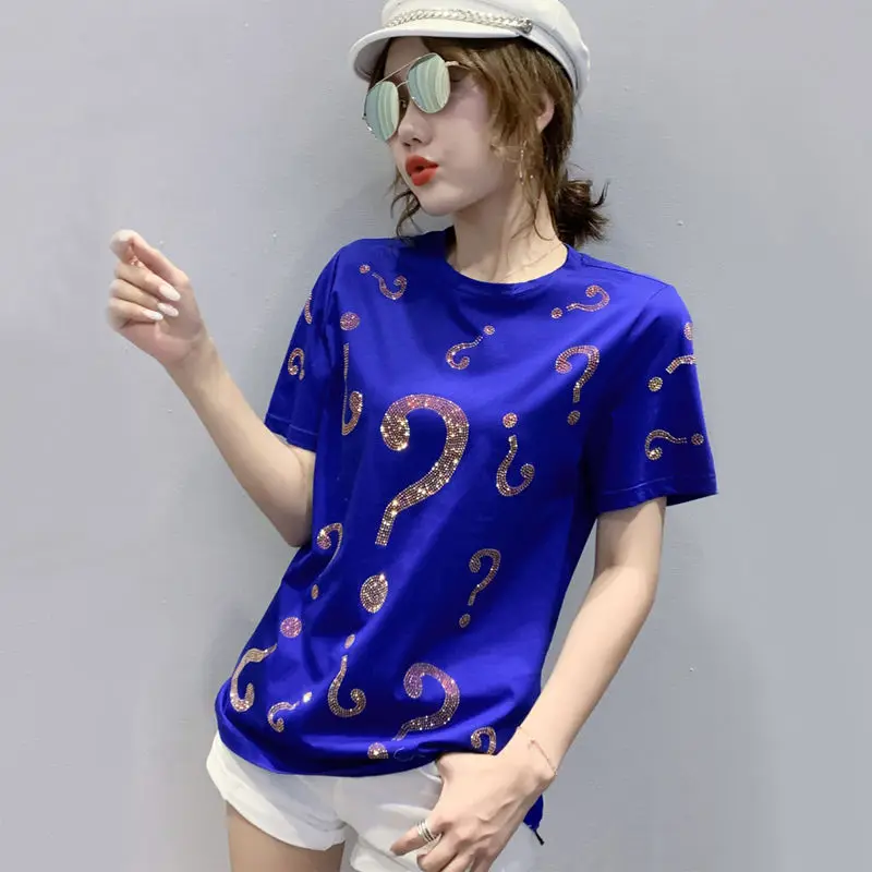 

Summer New Blue T-shirt Women's Short Sleeve Loose Large Design Top