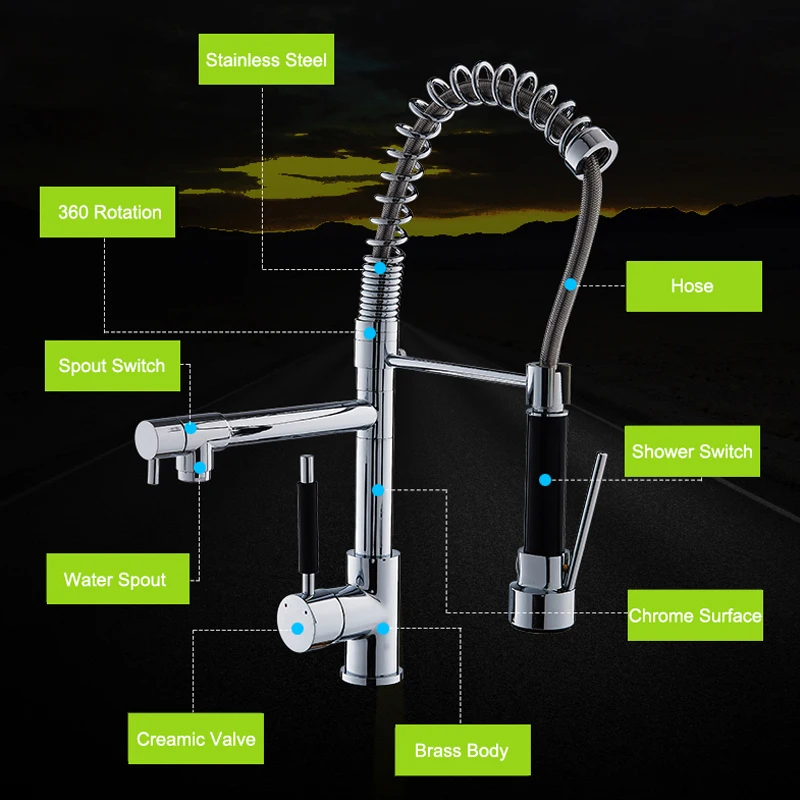 

Vidric Chrome Spring Kitchen Sink Faucet With Pull out Sprayer 360 Rotation Single Handle Mixer Tap Kitchen Spring Faucet