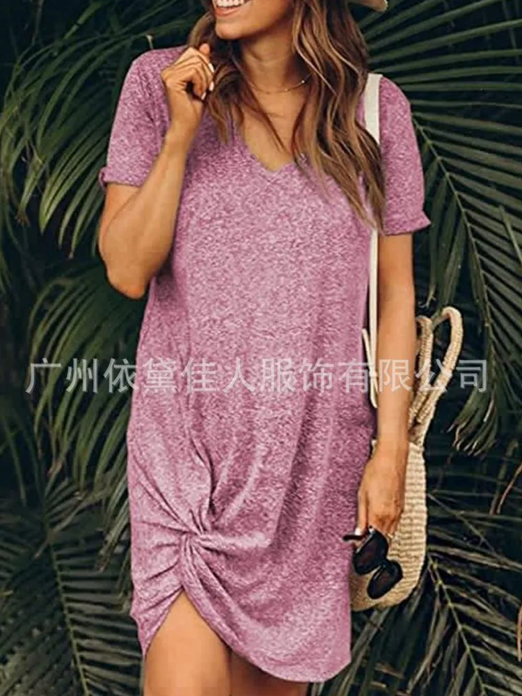 

Women Summer Slim Blue V-Neck Cotton Mini Dress Ladies Fashion Solid Color Plus Size Vestidos Female Brand Casual Dresses ZM609