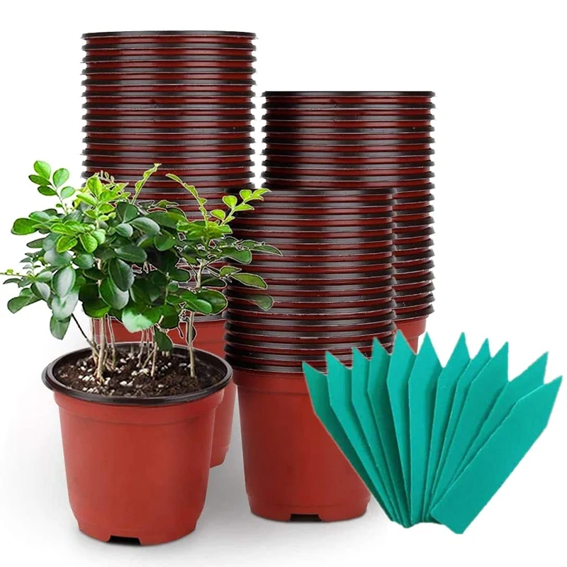 

100 Pieces of Plant Nursery Flower Pots, 4 Inch Plastic Flower Pots, Vegetable Cuttings with 100 Plant Labels