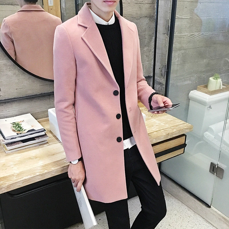 

Mens Autumn Winter Clothing Oversized Woolen Coat Korean Long Slim Fit Male Wool Coat Casual Vintage Pink Tweed Jacket Xxxl 4xl