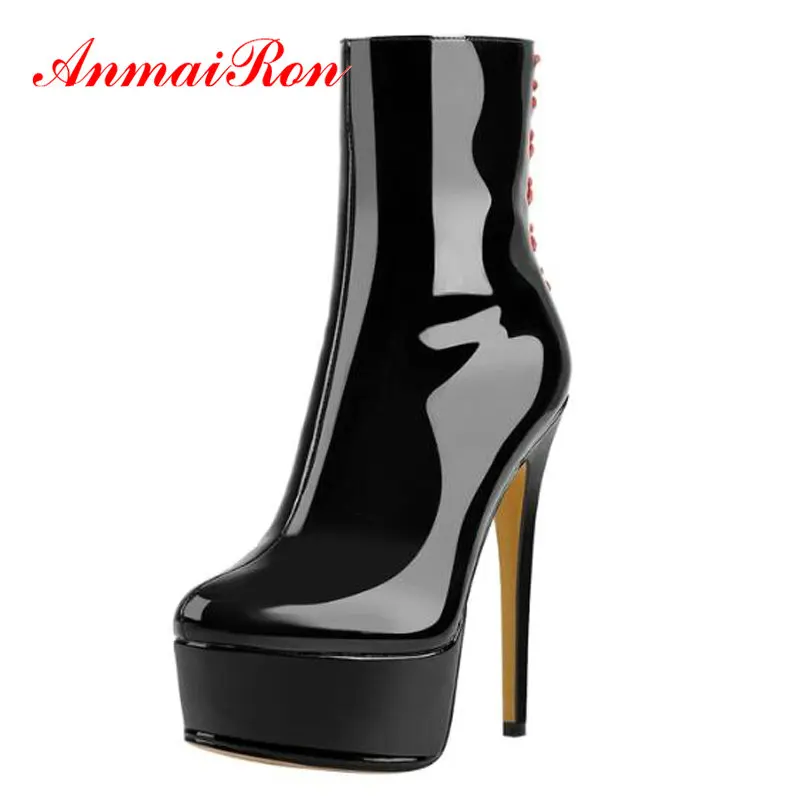 

ANMAIRON Slip-On Ankle Women Boots Basic Round Toe Elegant Patent Leather Thin Heels Fashion Platform Sexy Women Shoes 34-43