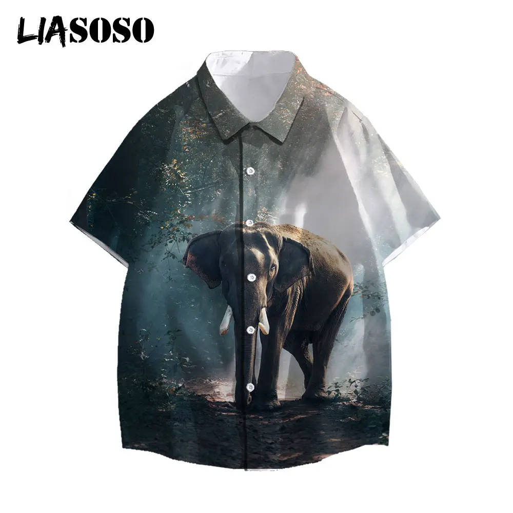 

LIASOSO 2021 3D Print Summer Men Casual Shirts Fashion Hawaiian Short-Sleeve Shirts Holiday Streetwear Animal Elephant Women