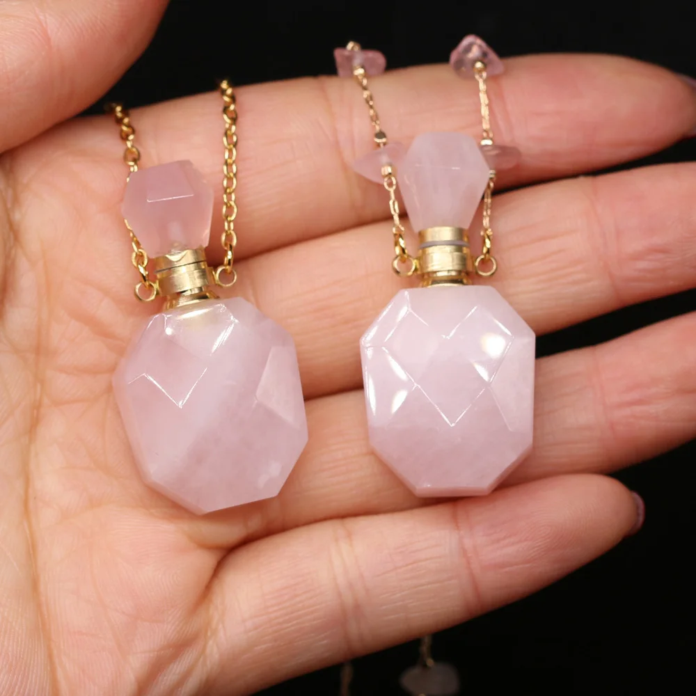 

Natural Stone Agates Crystal Perfume Bottle Pendant Rose Quartzs Essential Oil Diffuser Necklace Women Jewelry Gift 18x36x14mm