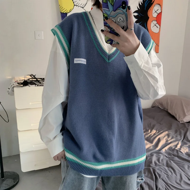 

Sweater Vest Men/Women V-neck Shrug Patchwork Knitted Couples Ins Plus Size 3XL Oversize Harajuku Vests Korean Style Leisure