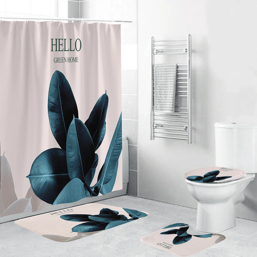 

Leaves Retro Shower Curtain Bathroom Art Decor Polyester Bath Mat 4 Piece Set with Toilet Mat Pad 180x180 cm