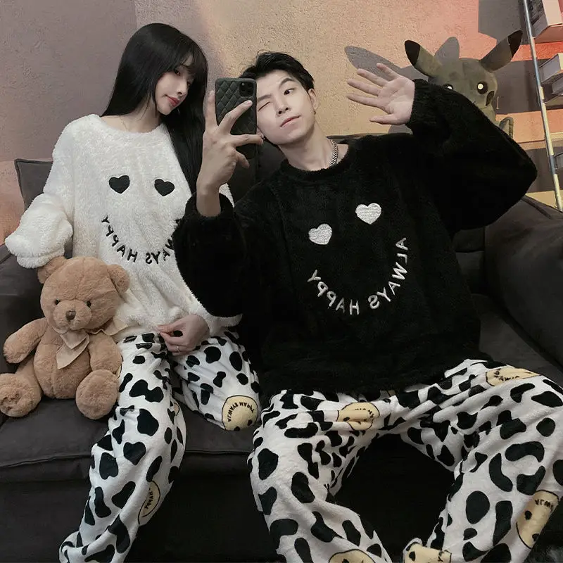 Autumn Winter Pajamas Female Ins New Thickened High-grade Students Plus Velvet Couple Suit Men's Suit Sleep Tops Sleepwear Women
