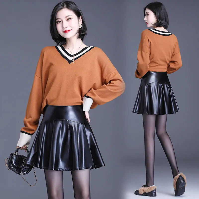 Autumn Black High Waist Women Pu Leather Mini Skater Skirt For Fashion Winter Ladies Sexy Short Pleated Female New | Женская одежда