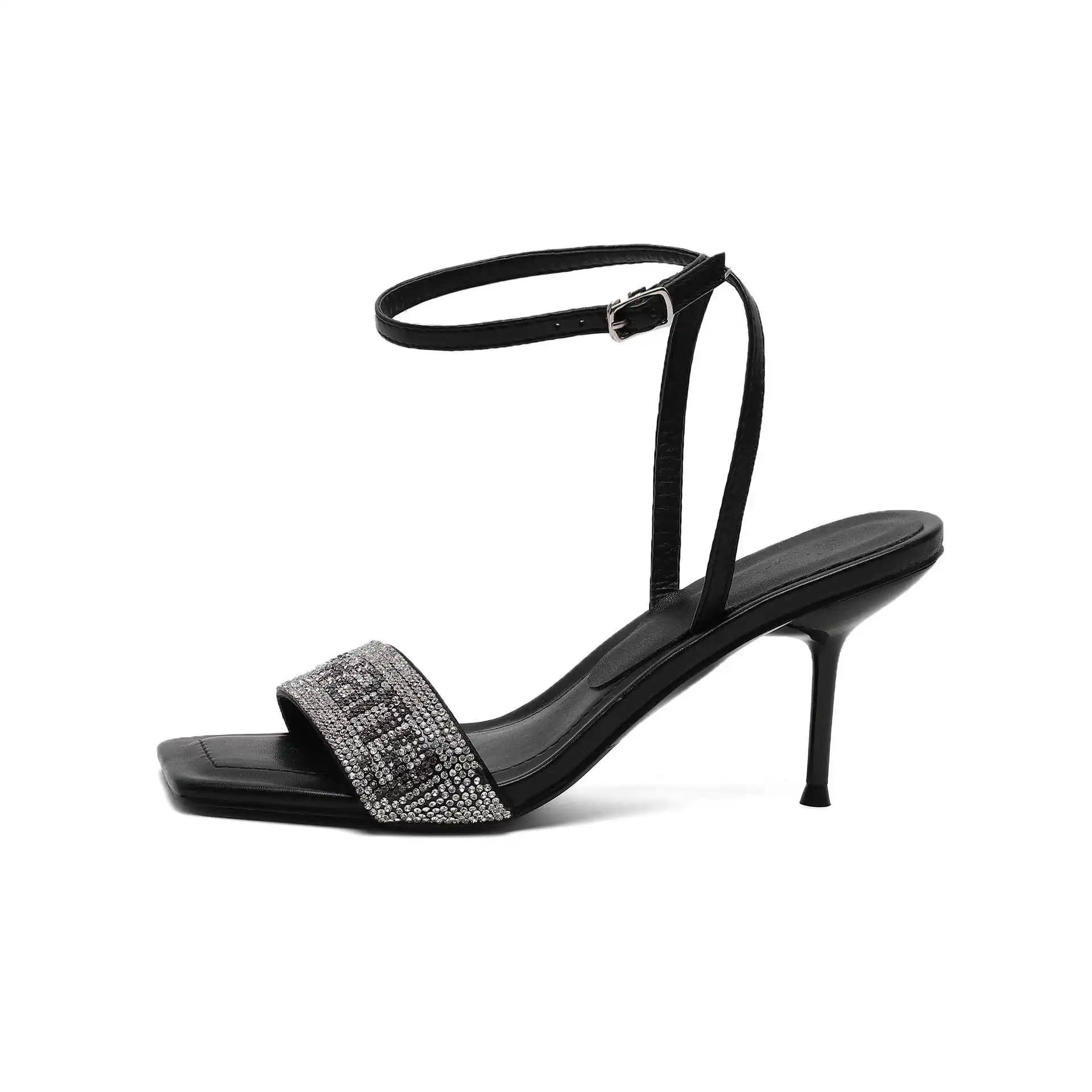 

2021 summer new diamond letter button thin heel middle heel high heel sandals square head open toe versatile women's shoes