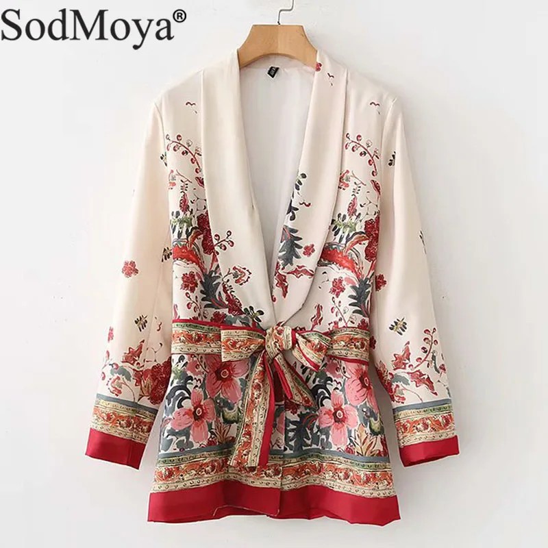 Women Vintage Floral Print Blazer Bow Tie Sashes Long Sleeve Coat Female Rretro Chic Office Wear Outerwear Feminine Tops Jacket|Женские