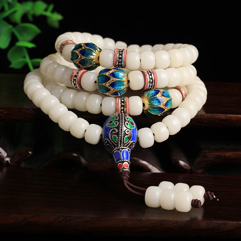 

THREE COBBLER White Bodhi Beads 108 Rosary Ethnic Style Blue Guru beads Bracelets Buddha Prayer Japa Mala Jewelry