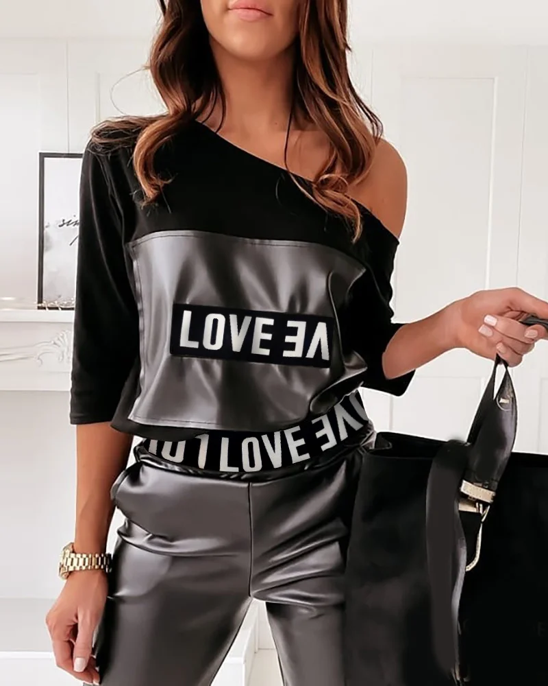 

Spring Autumn Women's Letter Print Suit Set 2021 Femme Casual Long Sleeve One Shoulder Top & PU Leather Pants Set Ladies Outfit