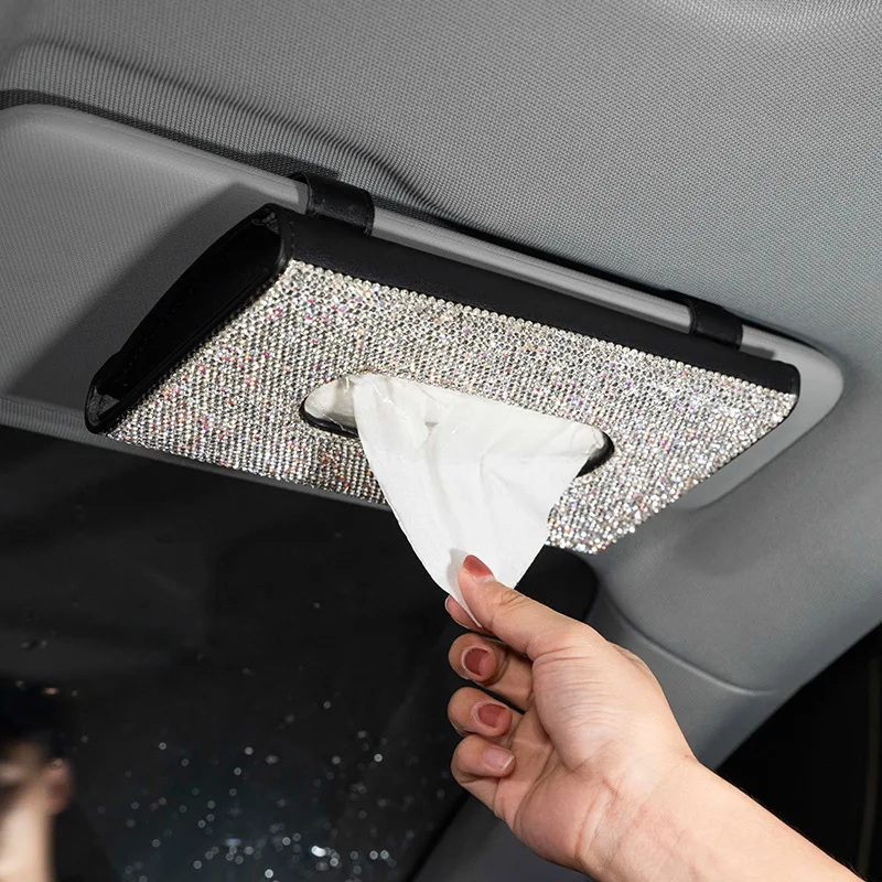 

Car Sun Visor Tissue Box Holder Crystal Sparkling Napkin Holder Pu Leather Hanging Paper Towel Clip Backseat Tissue Case