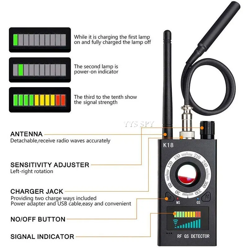 anti hidden camera rf signal detector anti spy wireless cam k18 scanner gsm audio gps bug gsm device finder with leather bag free global shipping