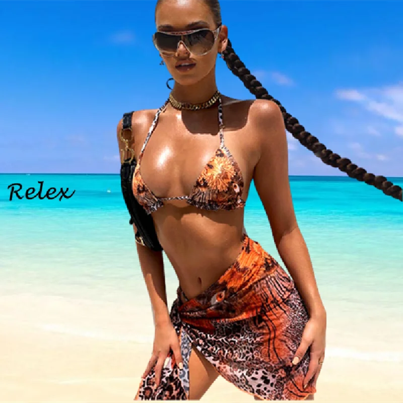 

Sexy Leopard Bikini With Skirt Halter Swimwear 3 Piece Sets Women's Swimsuit 2021 Mesh Bathing Suit Halter Bikinis Beachwear