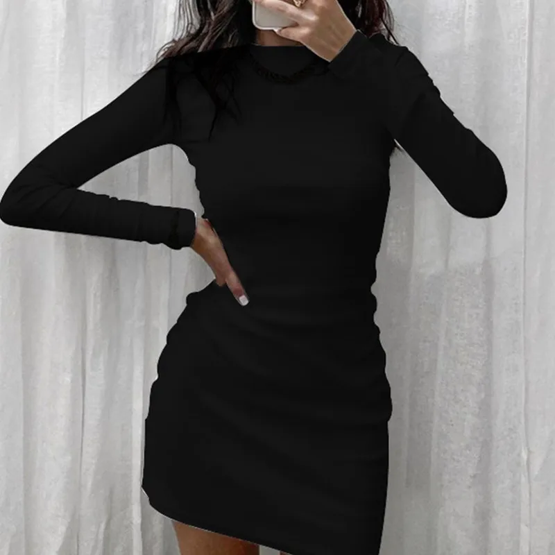 

Sexy Ruched Bodycon Mini Dress Women Clothes Fall 2021 Long Sleeve O Neck Draped Tight Dresses Woman Party Night
